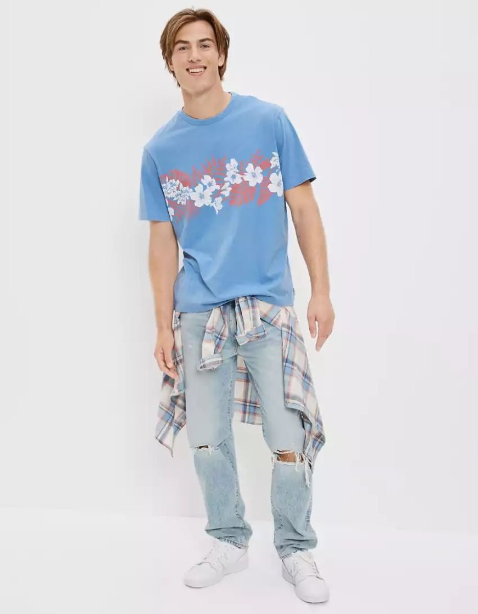 T Shirts American Eagle AE Super Soft Floral Bleu Homme | ABW-86019847